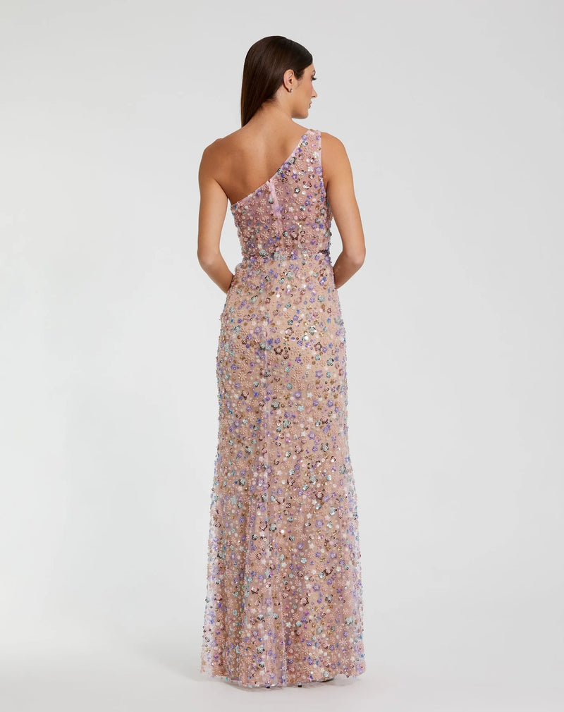 Floral Embellished One Shoulder Gown - Pink