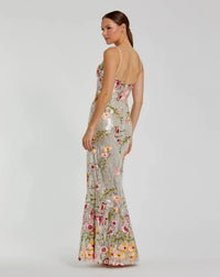 Sleeveless Bustier Floral Applique Gown - Silver