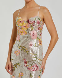 Sleeveless Bustier Floral Applique Gown - Silver