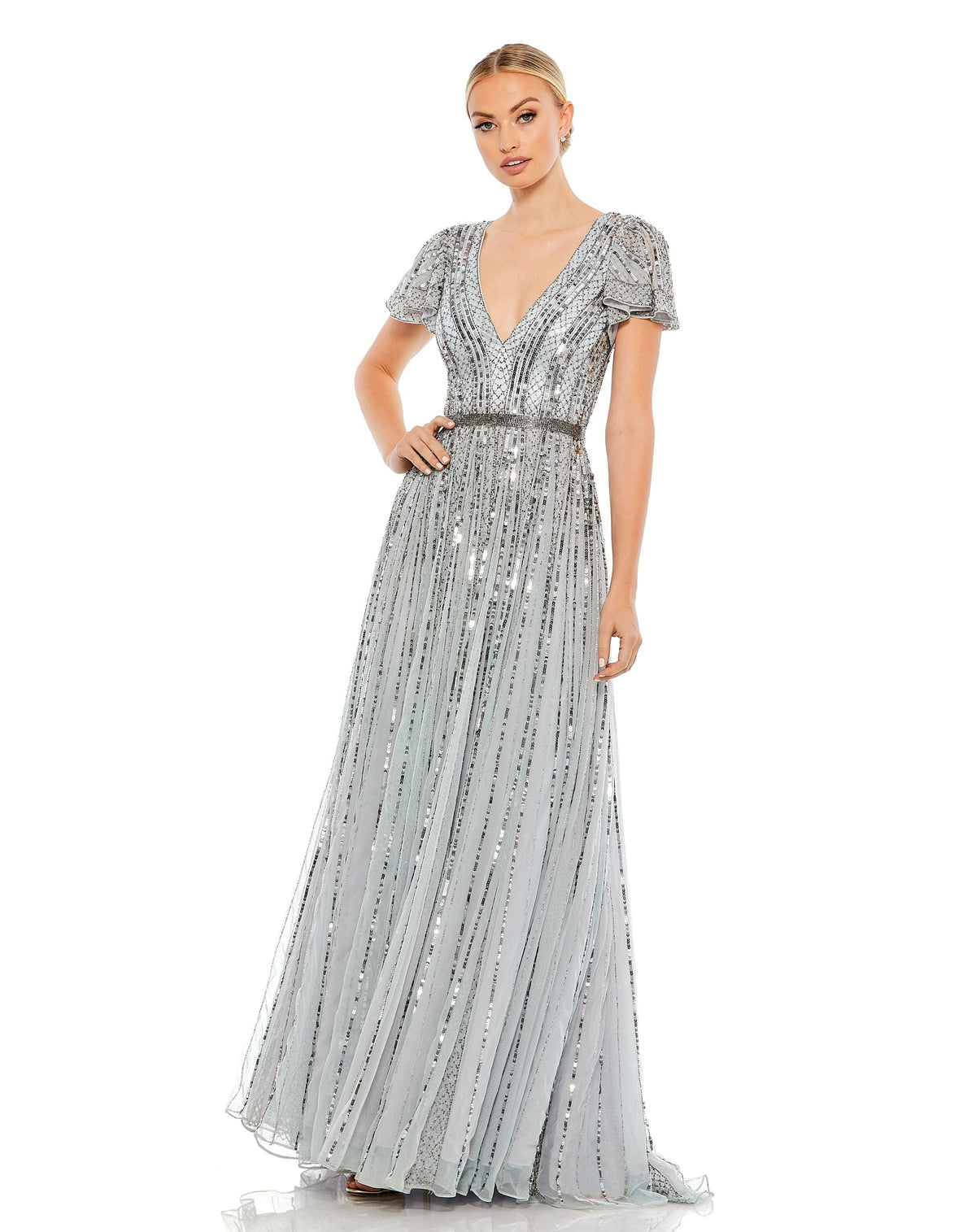 Mac Duggal #70108 Stripe Sequin V Neck Gown - Slate Blue