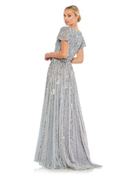 Stripe Sequin V Neck Gown - Slate Blue