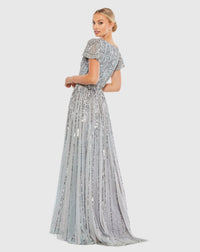 Stripe Sequin V Neck Gown - Slate Blue