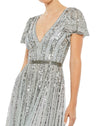 Stripe Sequin V Neck Gown - Slate Blue