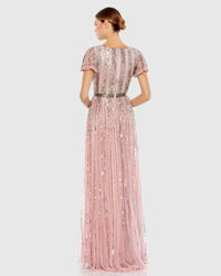 Stripe Sequin V Neck Gown - Rose