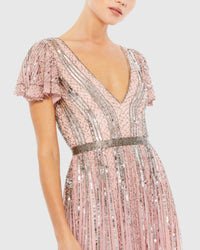 Stripe Sequin V Neck Gown - Rose