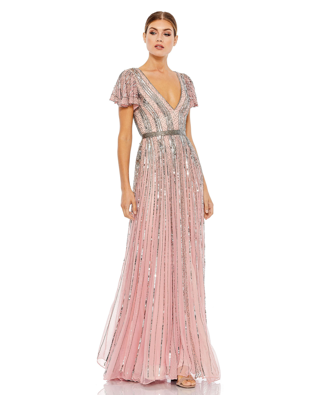 Mac Duggal #70108 Stripe Sequin V Neck Gown - Rose
