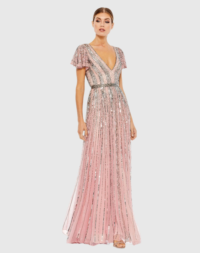 Mac Duggal #70108 Stripe Sequin V Neck Gown - Rose 