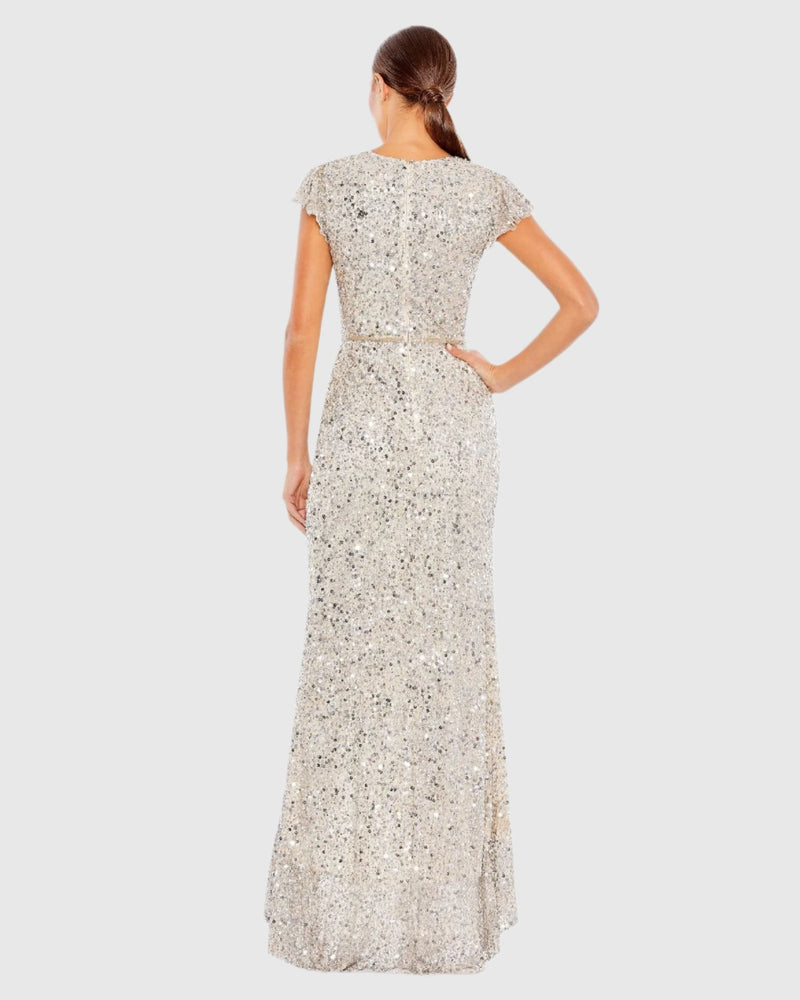 Sequin Faux Wrap Ruffle Wrap Cap Sleeve Gown - Silver Nude