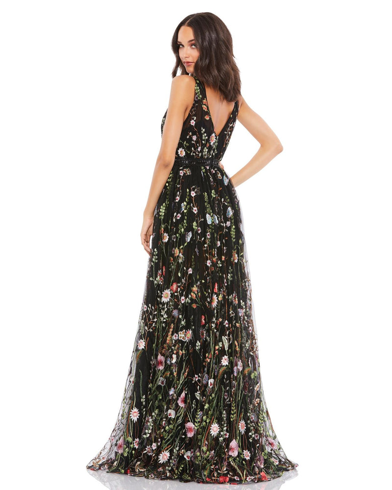 mac duggal, Floral embroidered sleeveless A Line gown - Black, Style #70132 back view