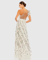 Embroidered Ruffled One Shoulder Lace Up Gown - Ivory