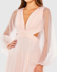 Tulle long sleeve, sheer cut out A line gown - Blush