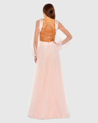 Tulle long sleeve, sheer cut out A line gown - Blush