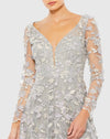 Floral Applique Long Sleeve Illusion Gown - Platinum