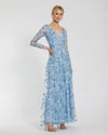 Mac Duggal Floral Applique Long Sleeve Illusion Gown Powder Blue #70224