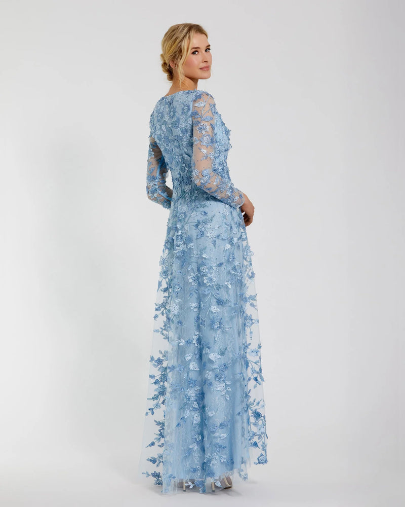 Floral Applique Long Sleeve Illusion Gown - Powder Blue