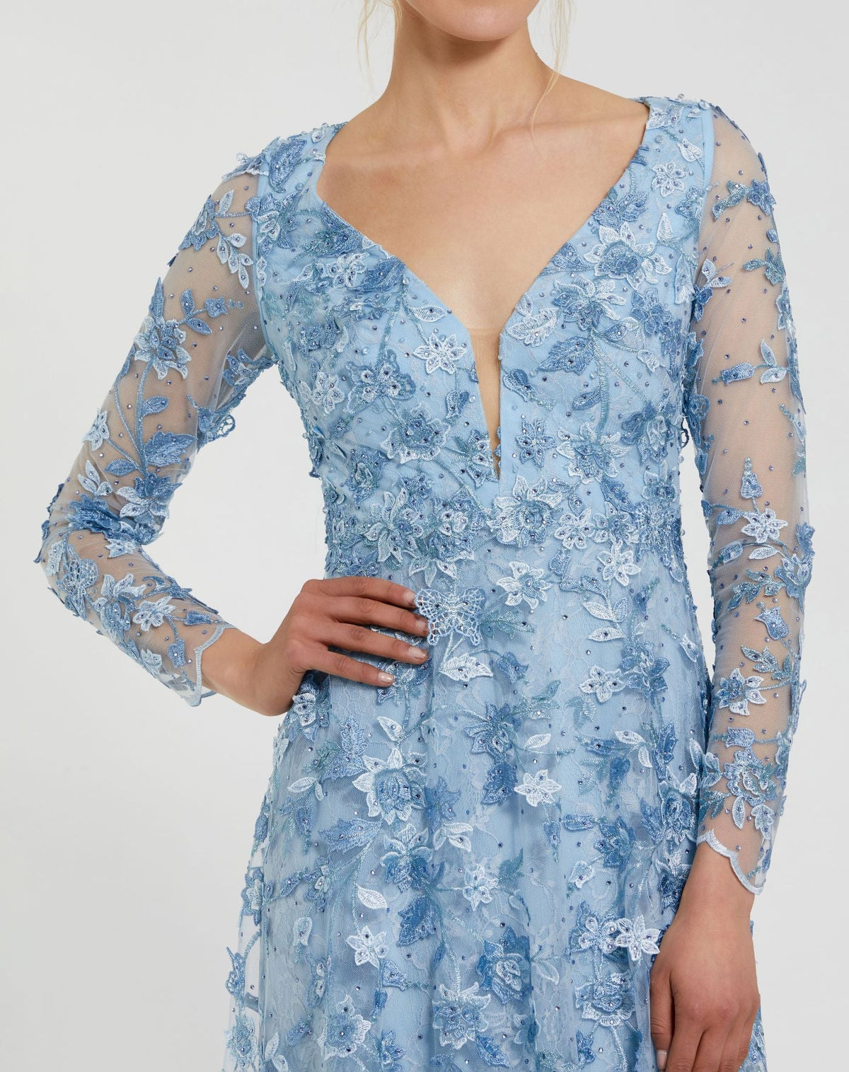 Floral Applique Long Sleeve Illusion Gown - Powder Blue