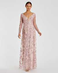 Mac Duggal Floral Applique Long Sleeve Illusion Gown Blush #70224