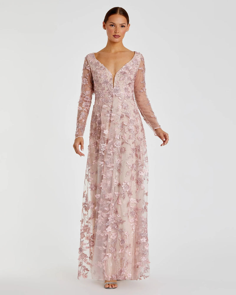 Mac Duggal Floral Applique Long Sleeve Illusion Gown Blush #70224