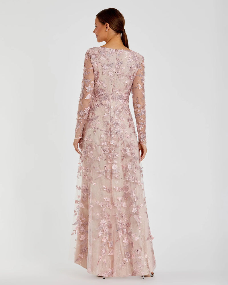 Floral Applique Long Sleeve Illusion Gown - Platinum