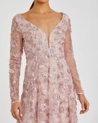 Floral Applique Long Sleeve Illusion Gown - Rose Pink