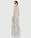 Floral Applique Long Sleeve Illusion Gown - Platinum