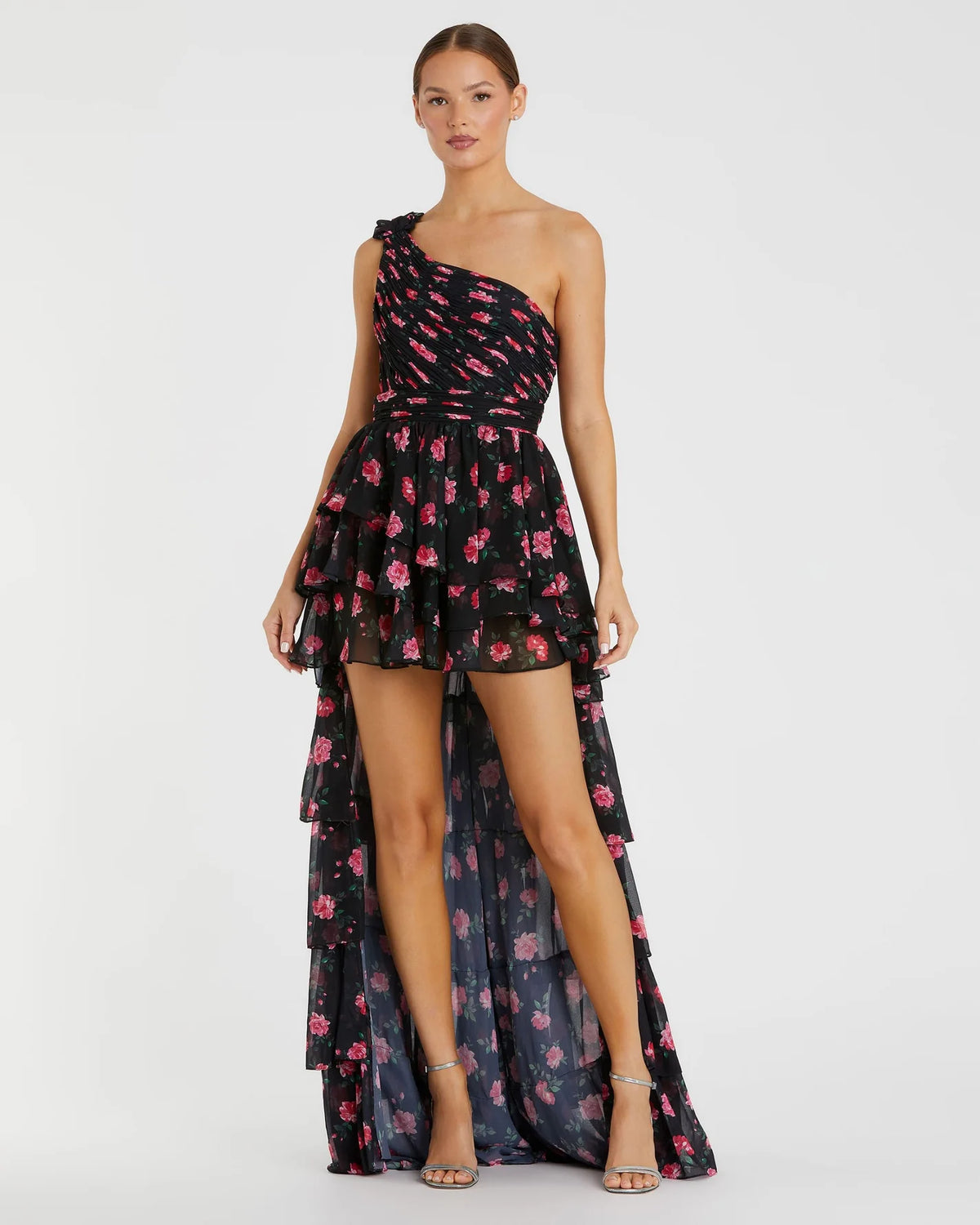 Mac Duggal, One shouldered ruffled rose print layered high-low dress - Black Floral #70246