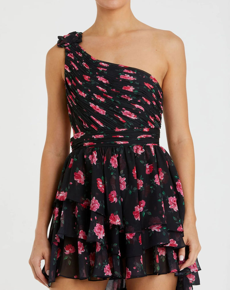 One shouldered ruffled rose print layered high-low dress - Black Multi