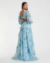 Ruffle Tiered Floral Cutout Long Sleeve Gown - Blue