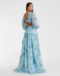 Ruffle Tiered Floral Cutout Long Sleeve Gown - Blue