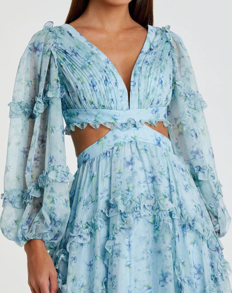 Ruffle Tiered Floral Cutout Long Sleeve Gown - Blue