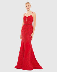 Embroidered Sleeveless Plunge Neck Trumpet Gown - Red