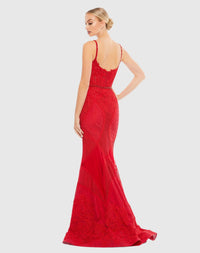 Embroidered Sleeveless Plunge Neck Trumpet Gown - Red