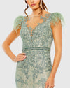 Embellished Feather Cap Sleeve Illusion Neck Trumpet Gown - Ivory Nude