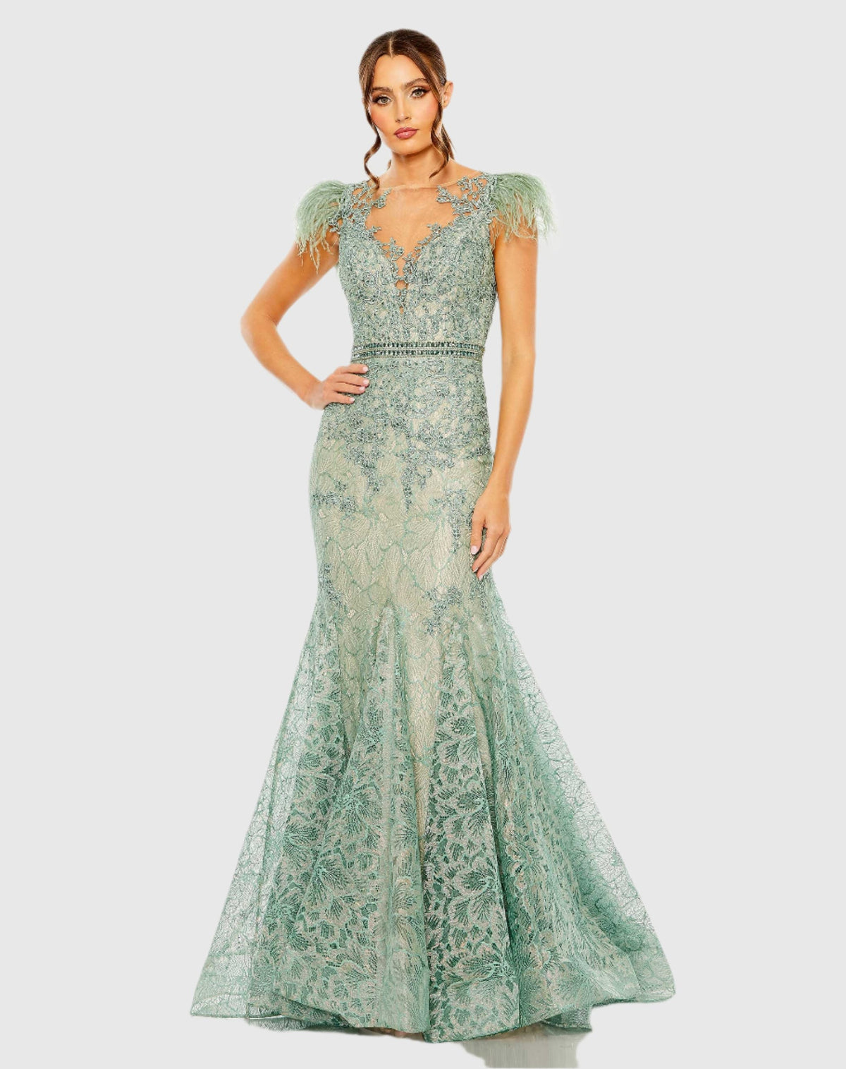 Mac Duggal  #79230 Embellished Feather Cap Sleeve Illusion Neck Trumpet Gown, Sage