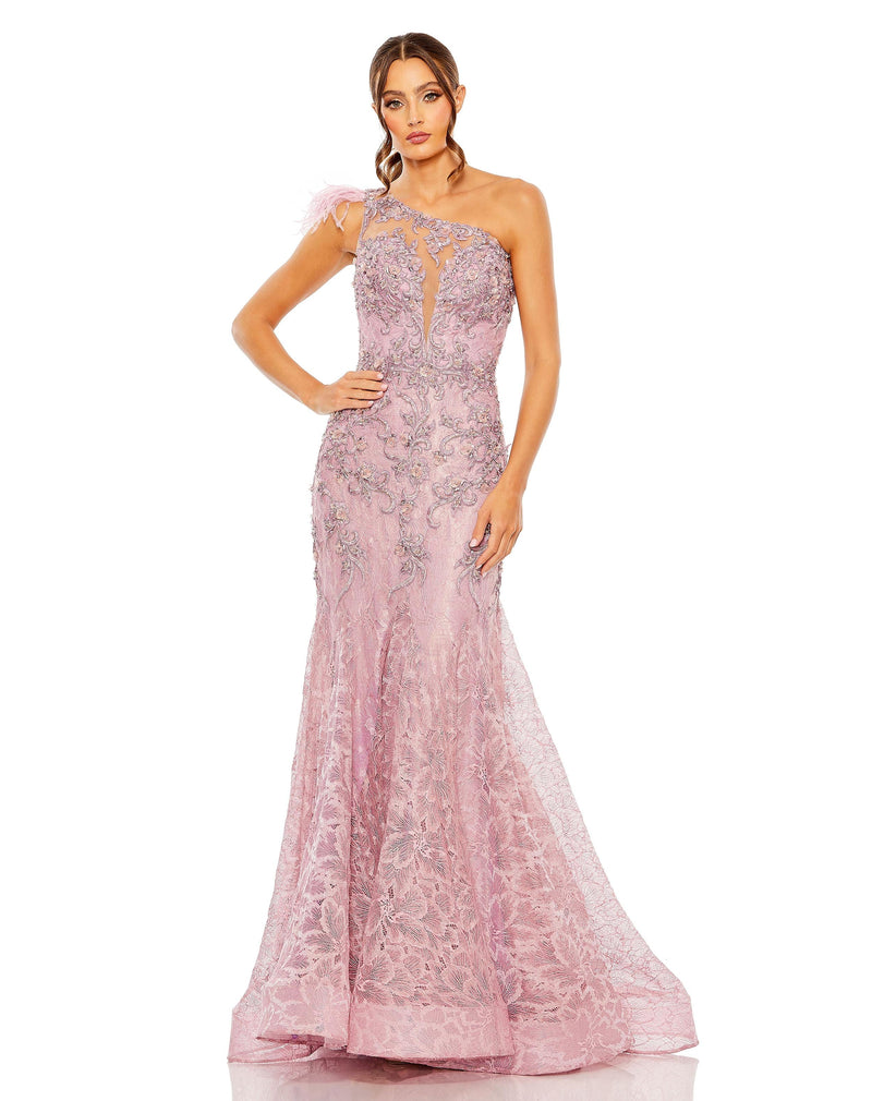 Mac Duggal #79264 Asymmetric feather one shoulder gown, Rose