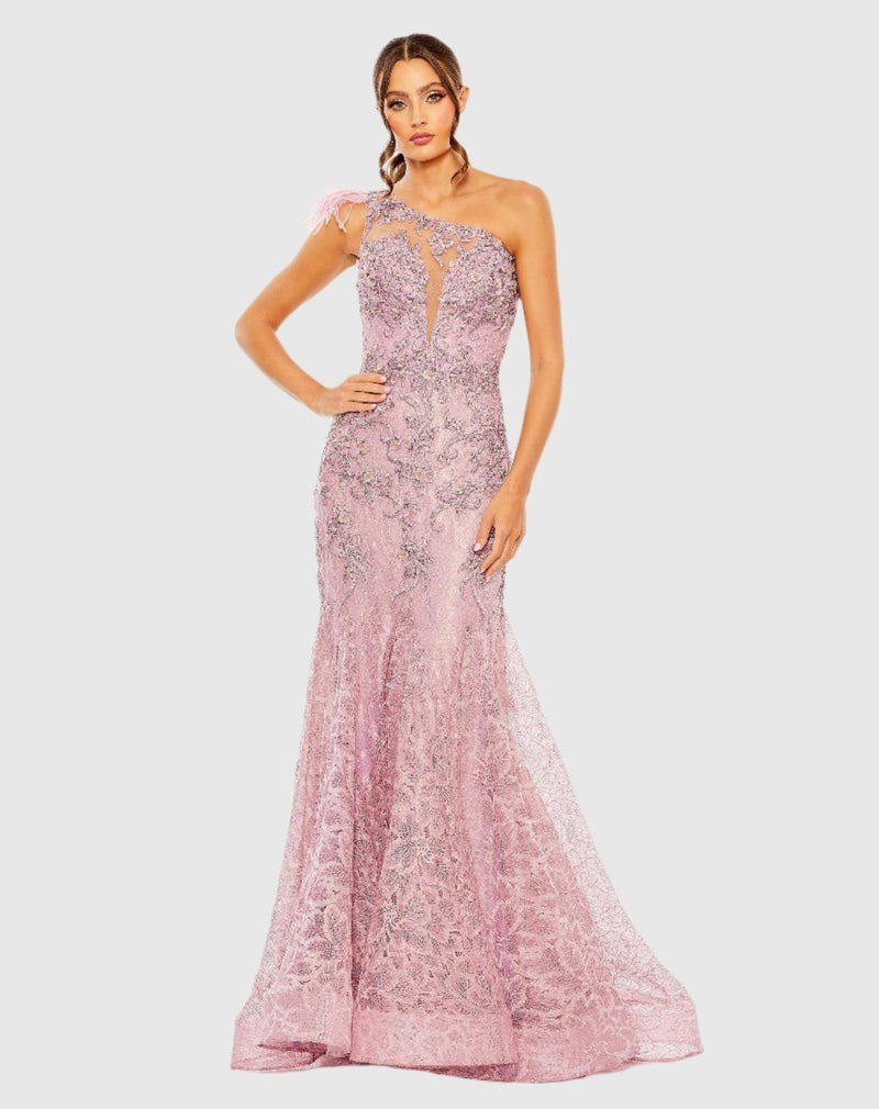 Mac Duggal #79264 Asymmetric feather one shoulder gown, Rose Pink 