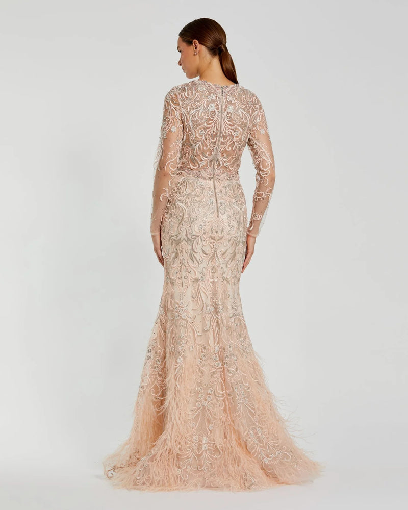 Embroidered Illusion Long Sleeve Trumpet Gown - Pink