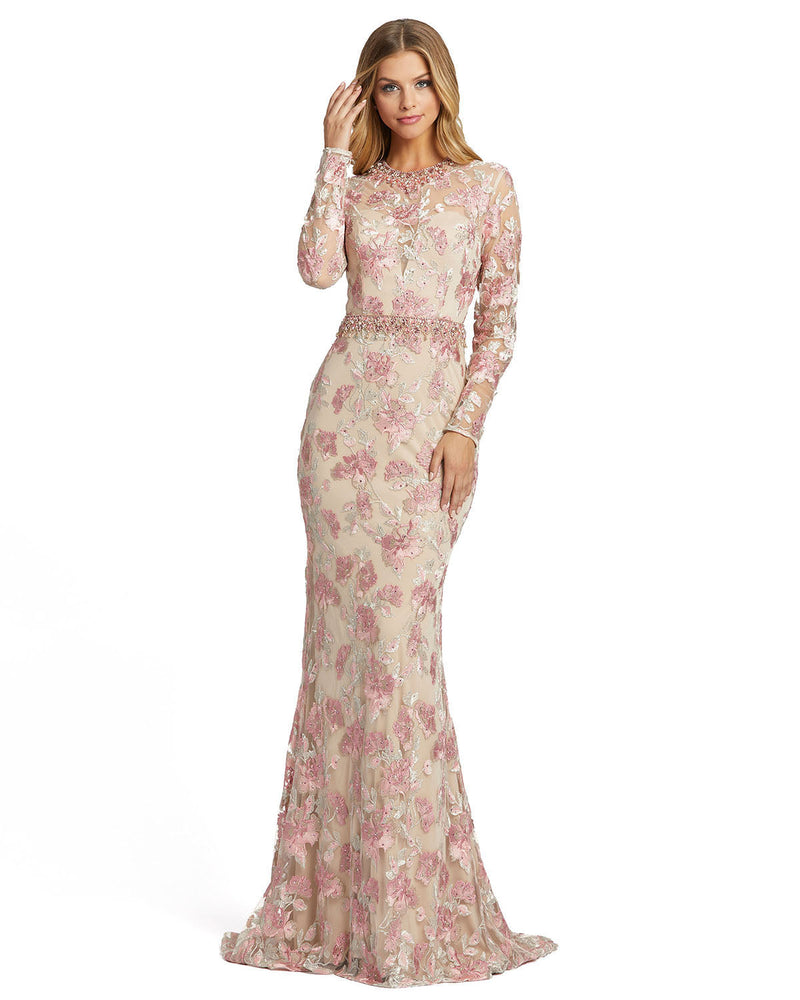 Floral Print Modest Long Sleeve Mermaid Gown - Nude Rose