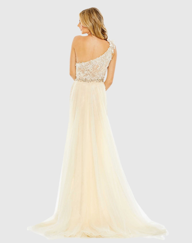 Lace One Shoulder Train Gown - Ivory Nude