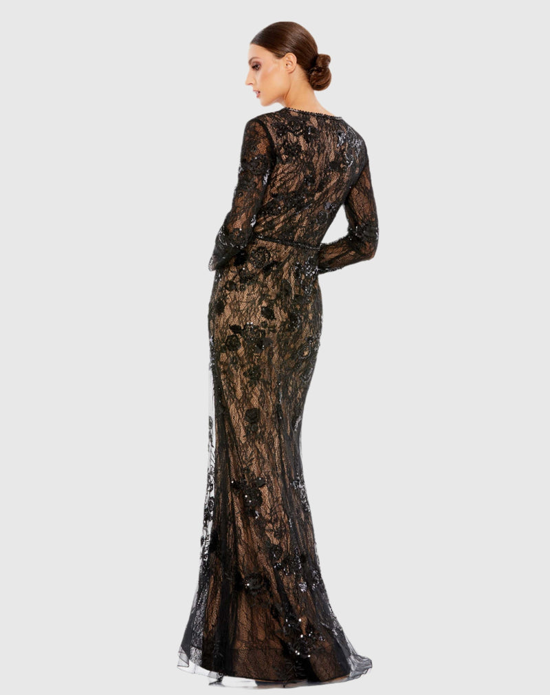 Embellished Long Sleeve Gown - Black