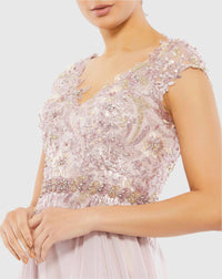 Embellished Cap Sleeve Bodice Flowy Gown - Rose