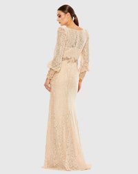 Lace Long Sleeve V Neck Embellished Gown - Blush