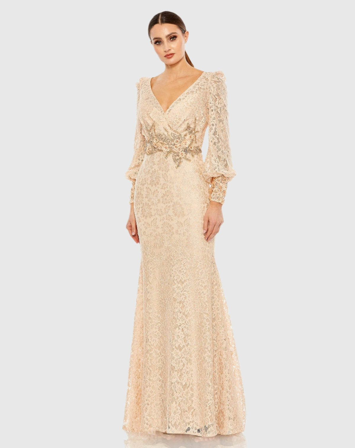 Mac Duggal Nude Lace Long Sleeve V Neck Embellished Gown #79397 Blush 