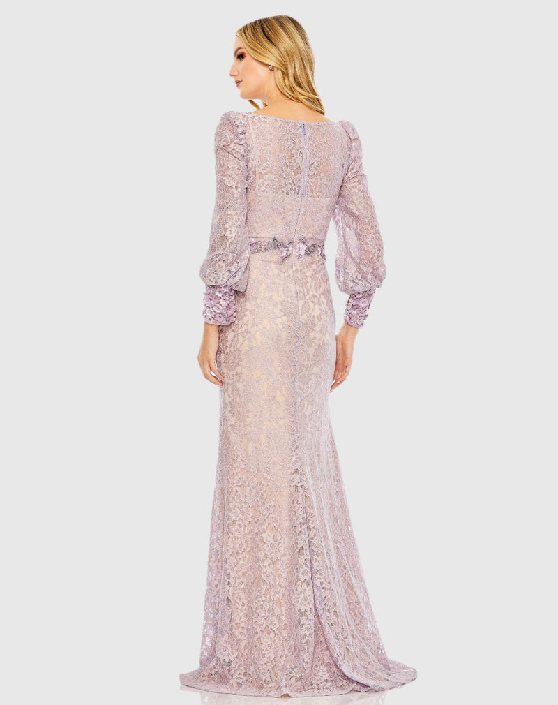 Light Purple Lace Long Sleeve V Neck Embellished Gown - Lilac