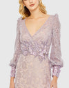 Light Purple Lace Long Sleeve V Neck Embellished Gown - Lilac