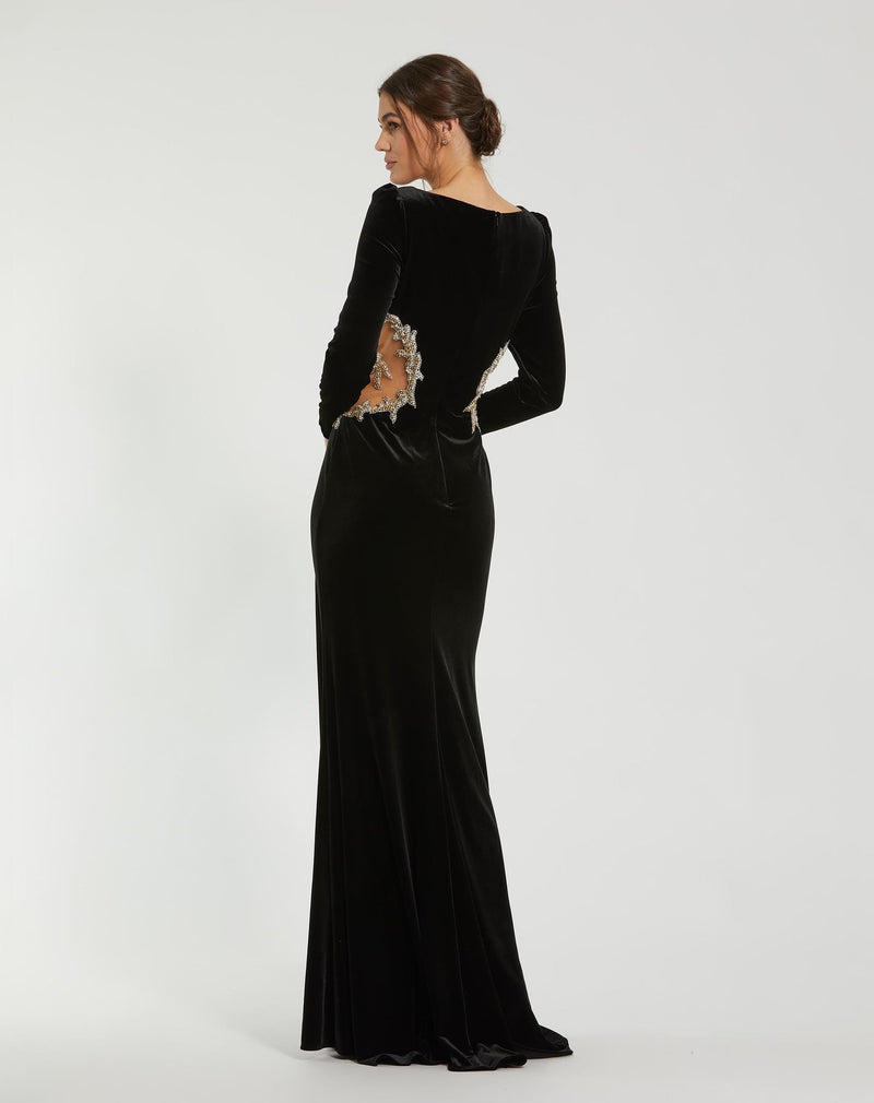 Long Draped Sleeve Sheer Embellished Detail Gown - Black