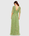 Floral V Neck Ruffle Empire Waist Gown - Moss Green