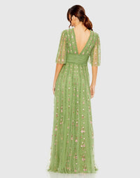 Floral V Neck Ruffle Empire Waist Gown - Moss Green