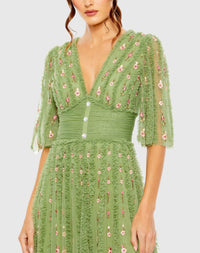 Floral V Neck Ruffle Empire Waist Gown - Moss Green