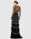 Mesh long sleeve floral ruffle tiered modest gown - Black